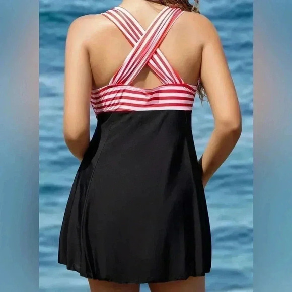 COCOPEAR Women's Elegant Crossover One Piece Swimdress striped Skirted Swimsuit - Picture 2 of 3